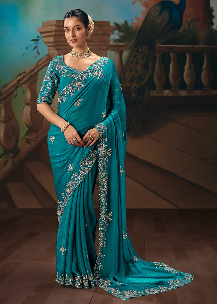 Peacock Blue Embroidered Designer Saree