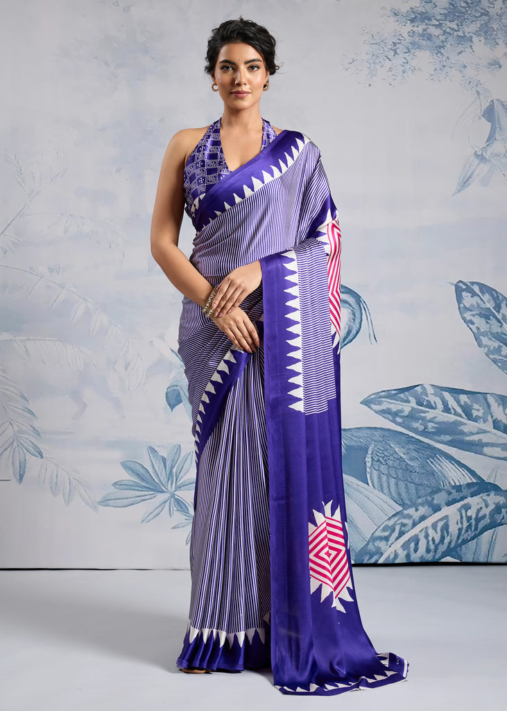 Purple Printed Satin Silk Saree