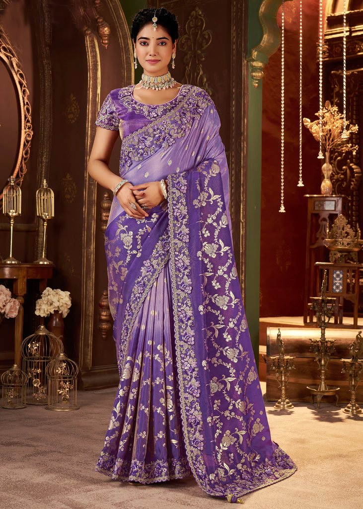 Purple Embroidered Tissue Designer Saree
