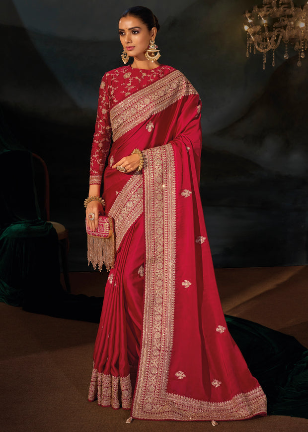 Red Satin Embroidered Designer Saree