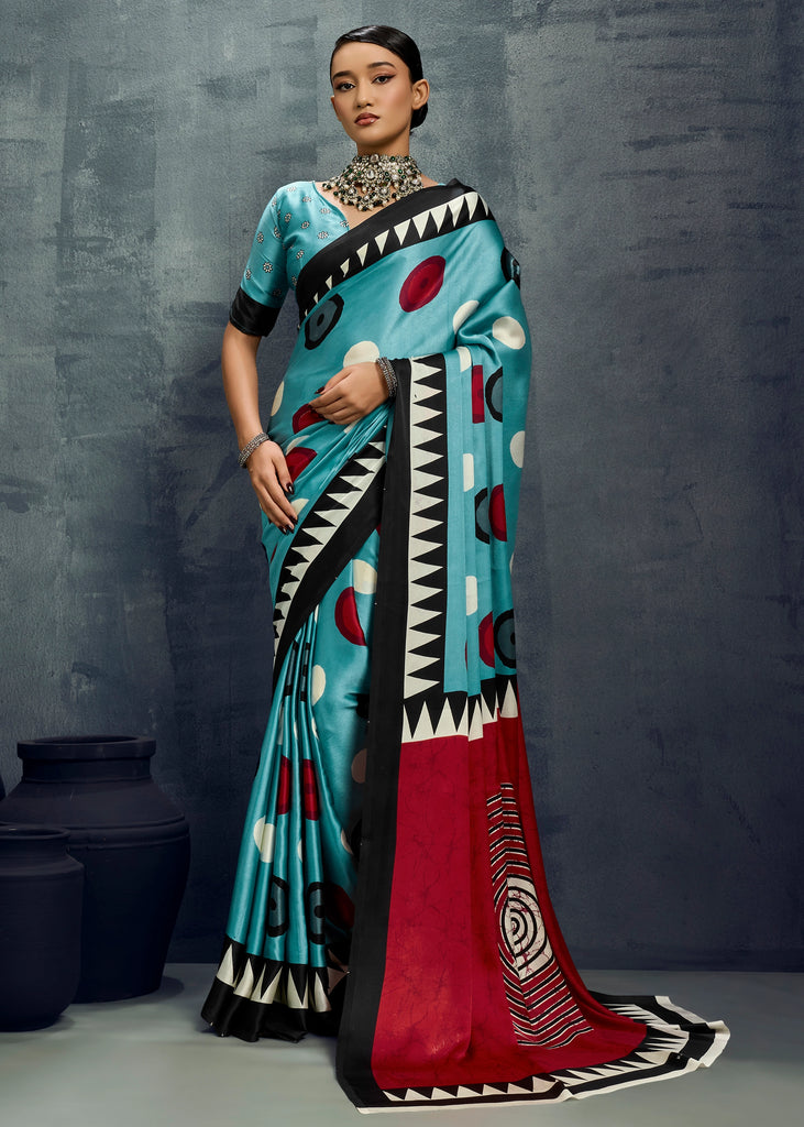 Sky Blue Printed Satin Silk Saree