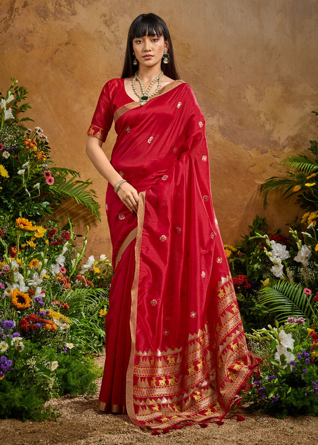 Ruby Red Woven Banarasi Silk Saree