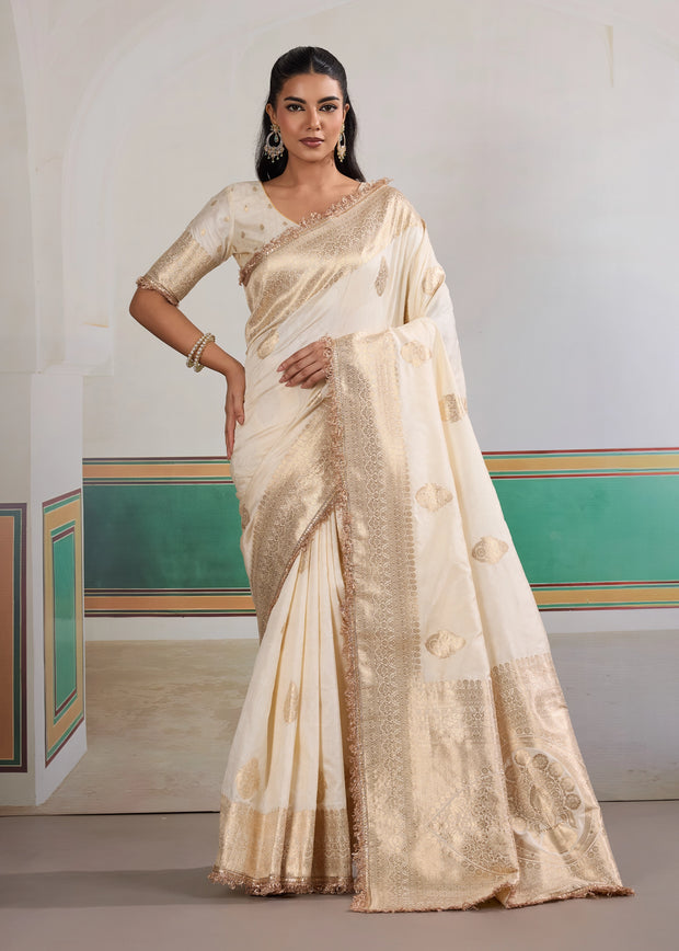 Snow White Woven Banarasi Satin Silk Saree