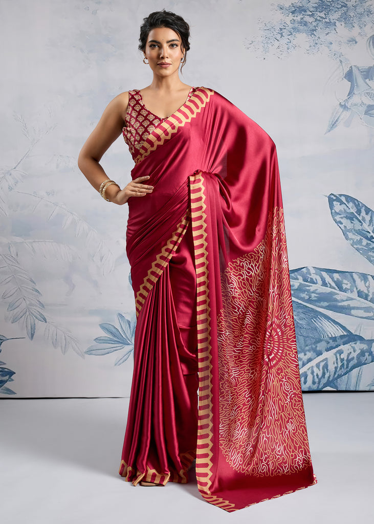 Persian Red Satin Silk Saree with Ajrakh Printed Pallu and Blouse