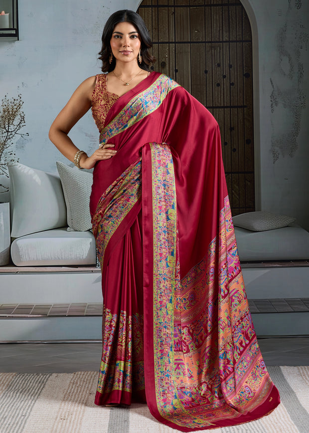 Maroon Printed Satin Silk Saree