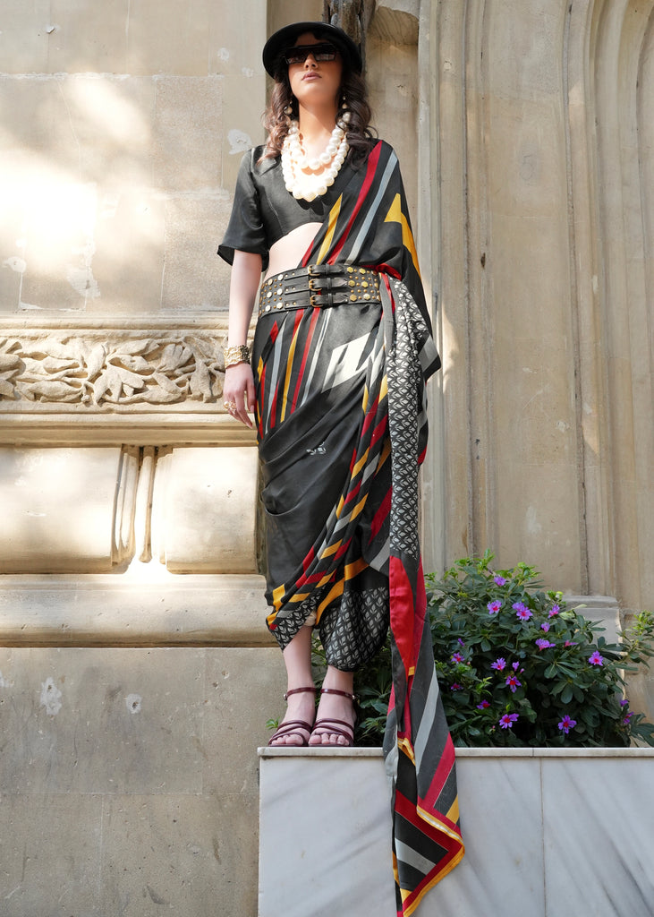 Jet Black Printed Satin Silk Saree