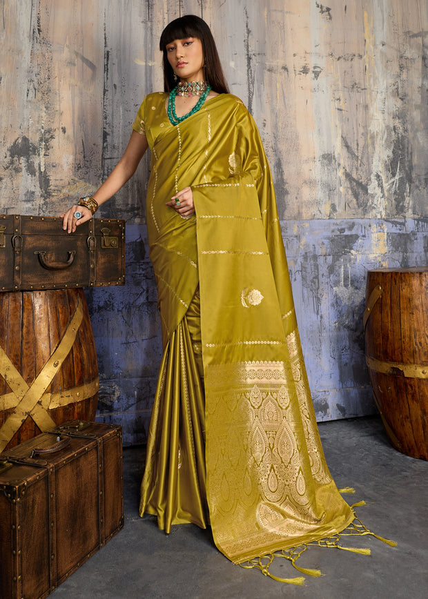 Apple Green Woven Banarasi Satin Silk Saree
