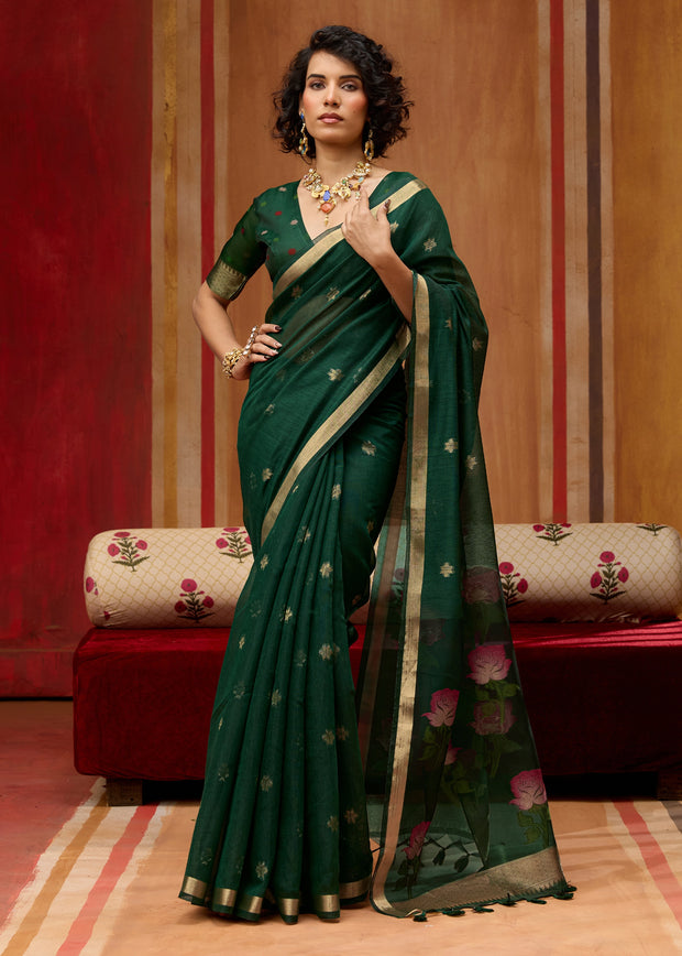 Forest Green Woven Cotton Organza Saree