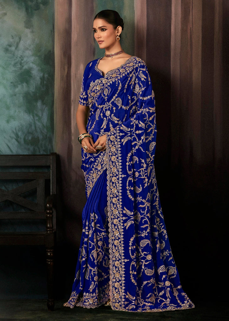 True Blue Embroidered Designer Saree
