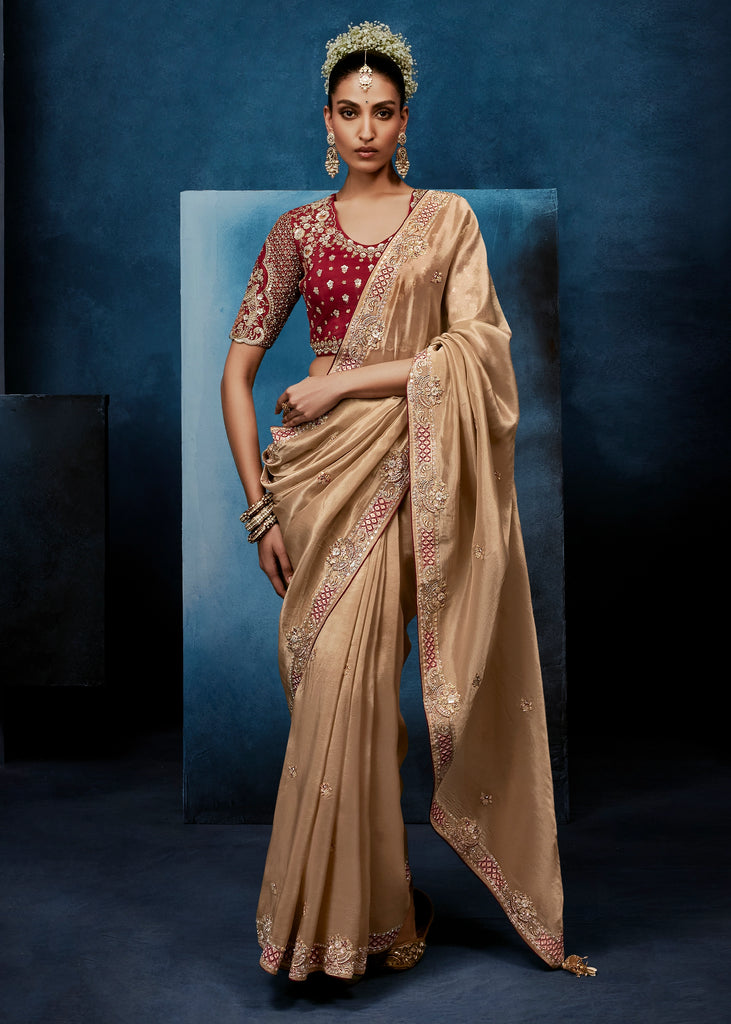 Almon Beige Embroidered Designer Tissue Saree