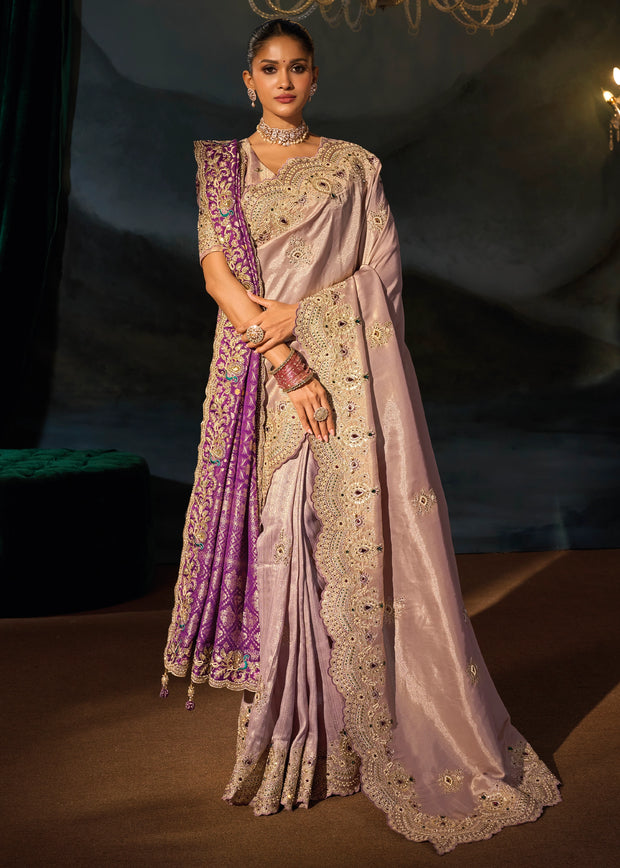 Light Purple Embroidered Tanchoi Silk Saree With Dupatta