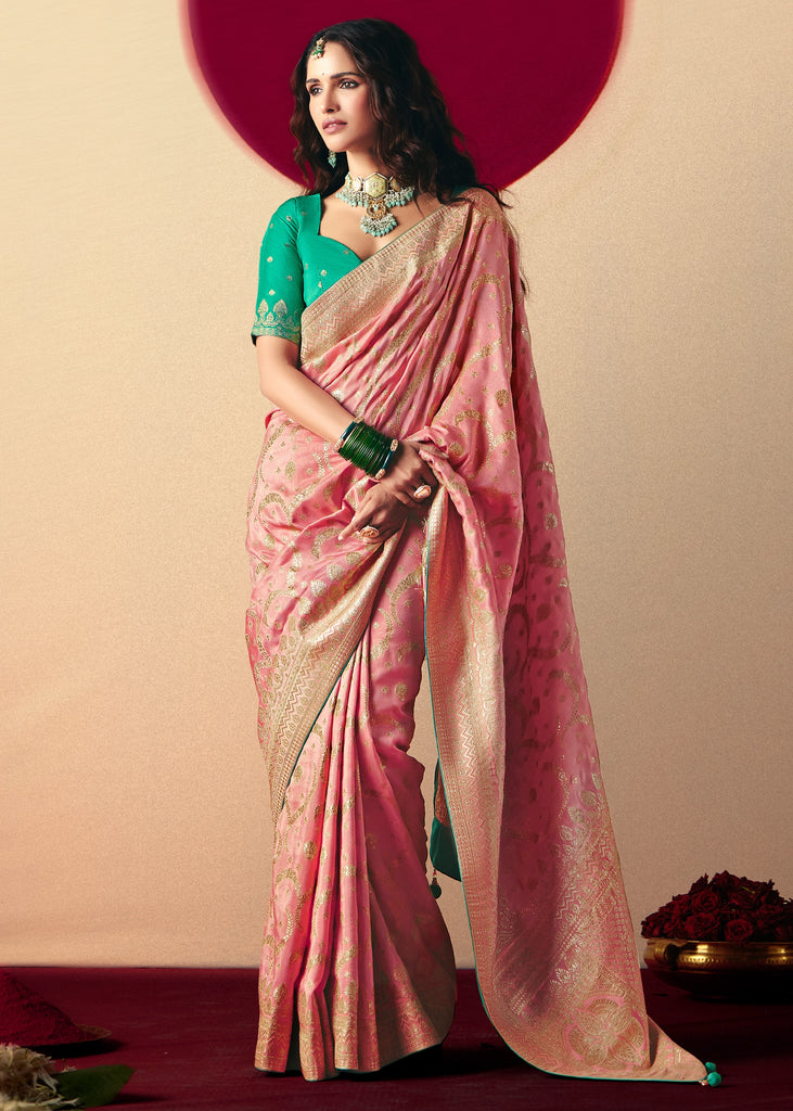 Blossom Pink Woven Banarasi Silk Saree