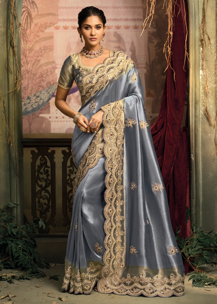 Silver Grey Designer Embroidered Silk Saree