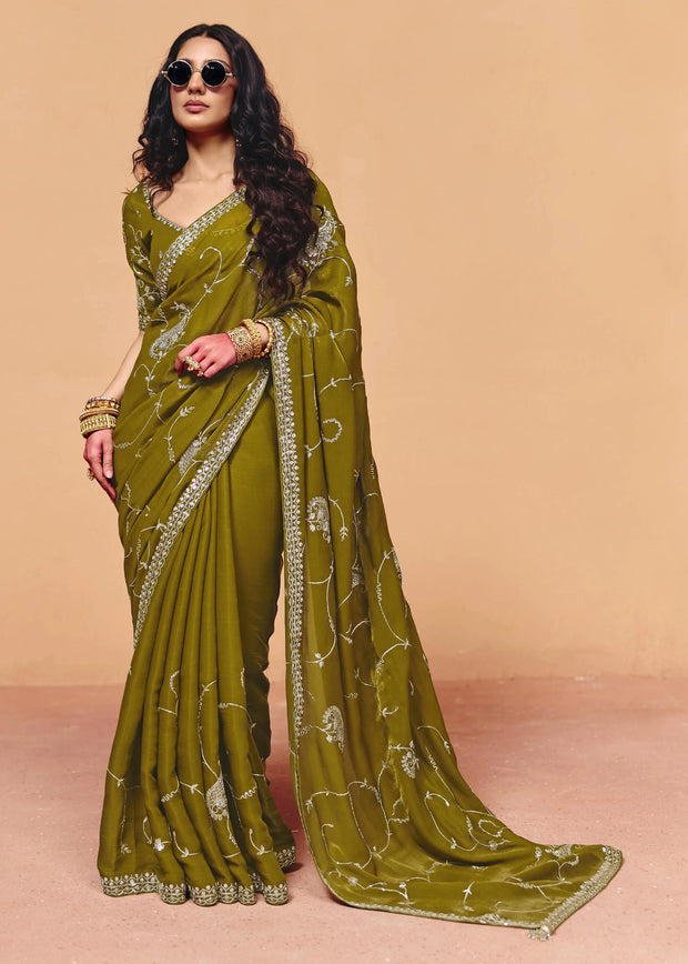 Olive Green Embroidered Designer Tissue Saree