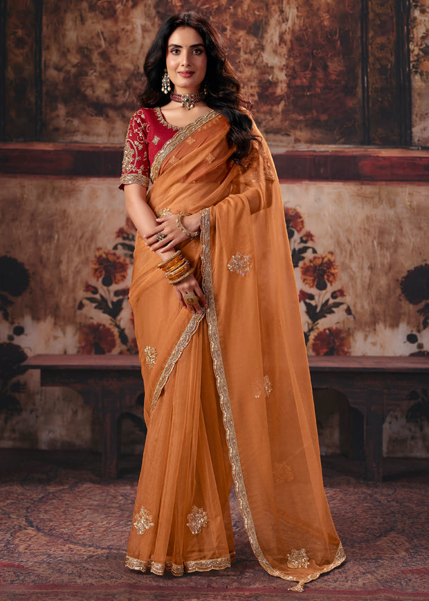 Rust Orange Designer Organza Saree With Embroidered Blouse