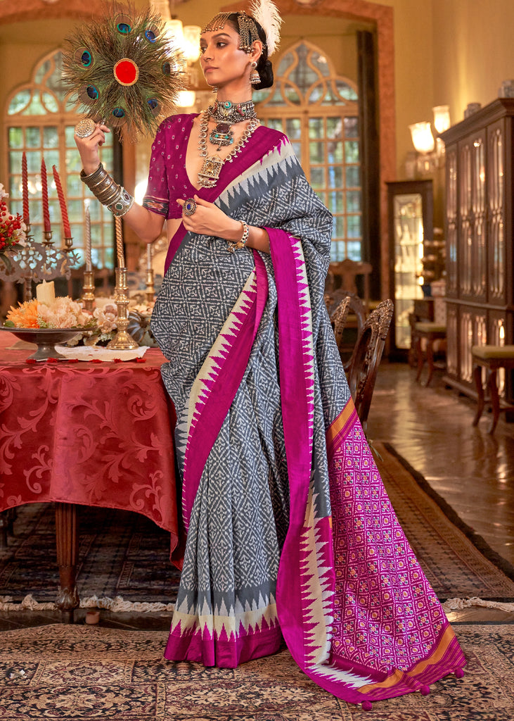Frost Grey Printed Patola Silk Saree
