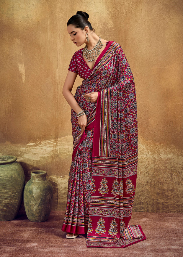 Beet Red Printed Satin Silk Saree