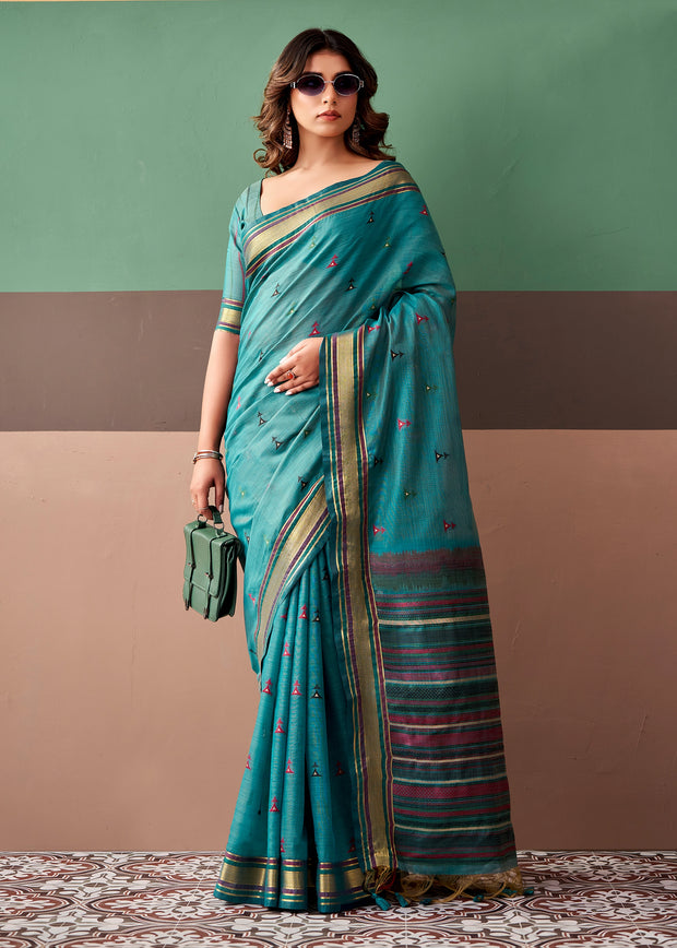 Teal Blue Woven Cotton Silk Saree