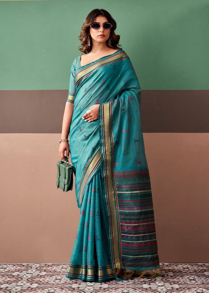 Teal Blue Woven Cotton Silk Saree