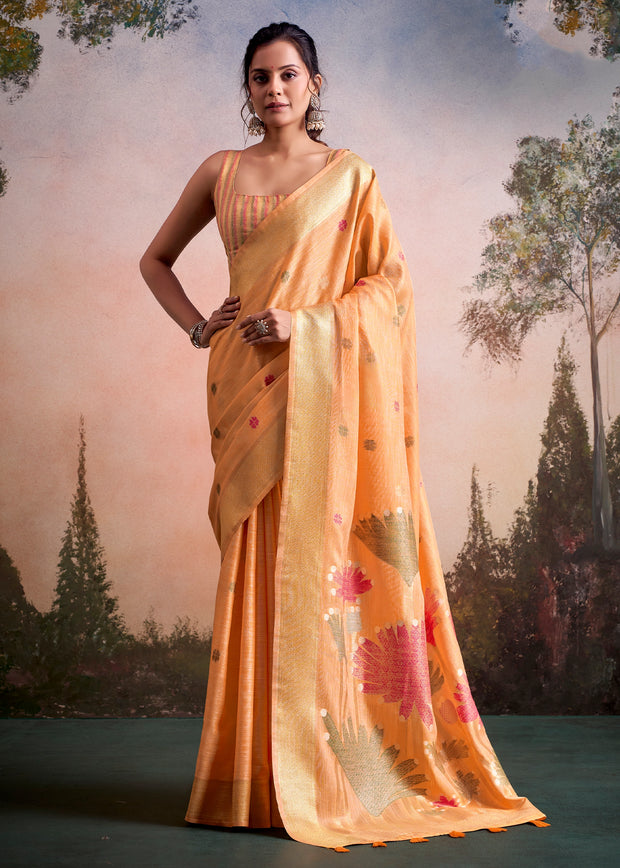 Orange Peach Woven Linen Cotton Silk Saree