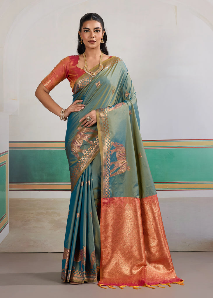 Canton Green Woven Silk Saree With Contrast Blouse