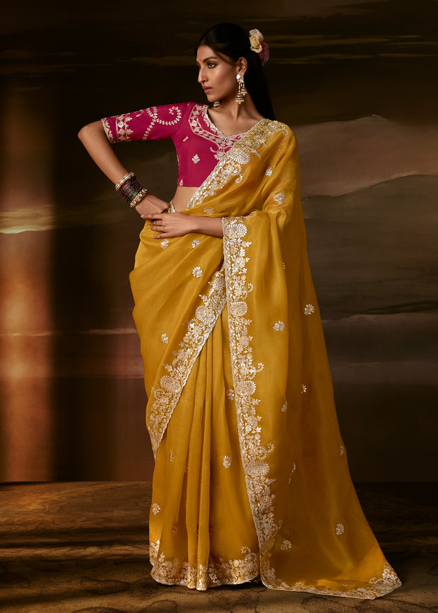 Haldi Yellow Embroidered Designer Organza Saree