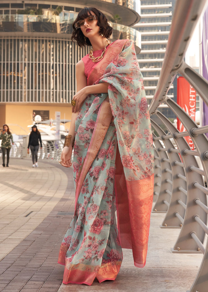 Aqua Blue Woven Banarasi Tissue Silk Saree