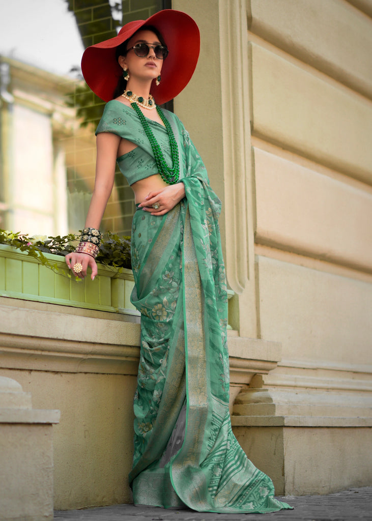 Turquoise Green Printed Georgette Silk Saree