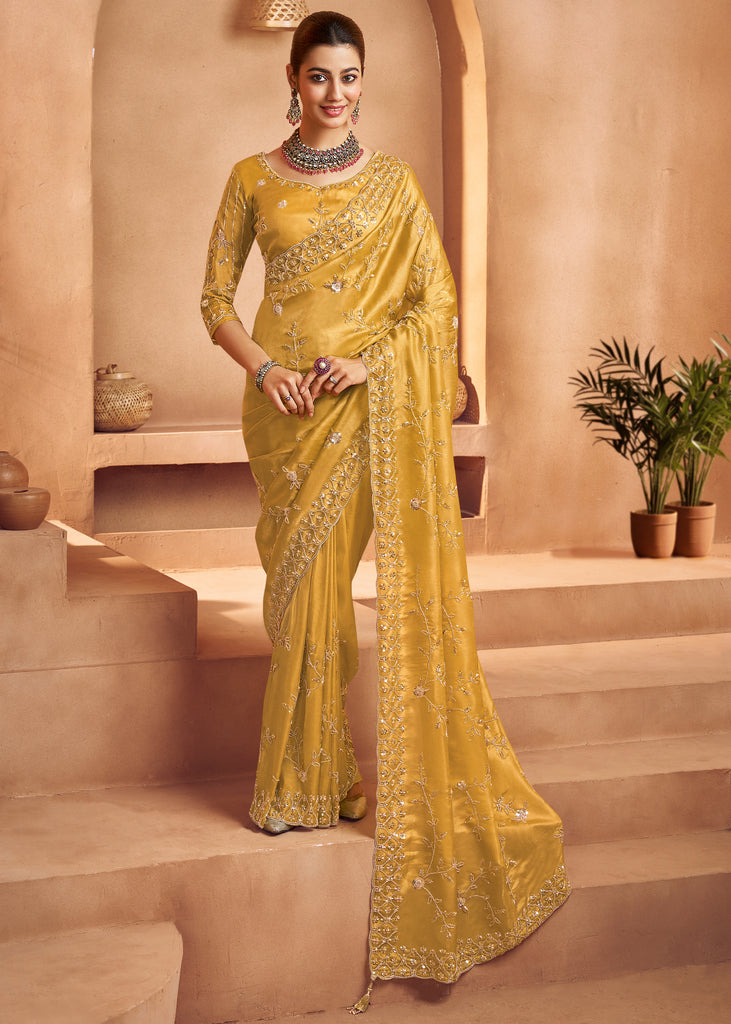 Daffodil Yellow Designer Tissue Silk Saree