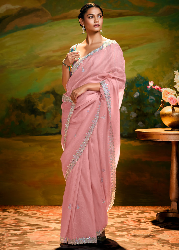 Candy Pink Heavy Embroidered Designer Silk Saree With contrast Blouse