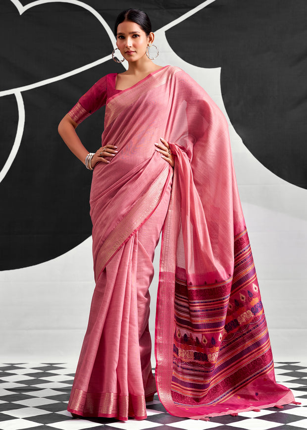Flamingo Pink Woven Linen Cotton Silk Saree