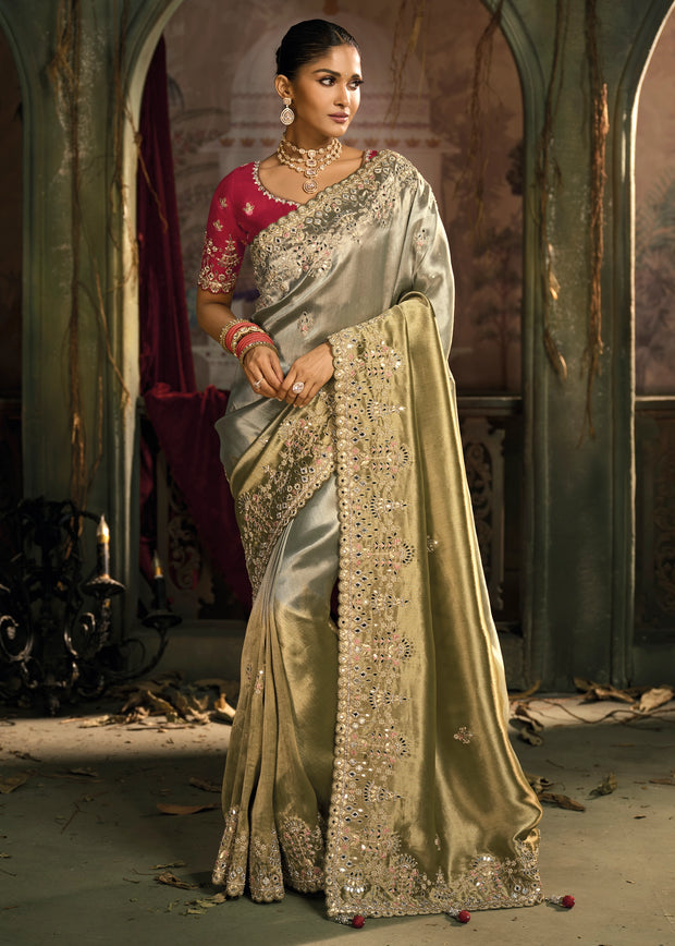Shine Grey Embroidered Designer Tissue Saree