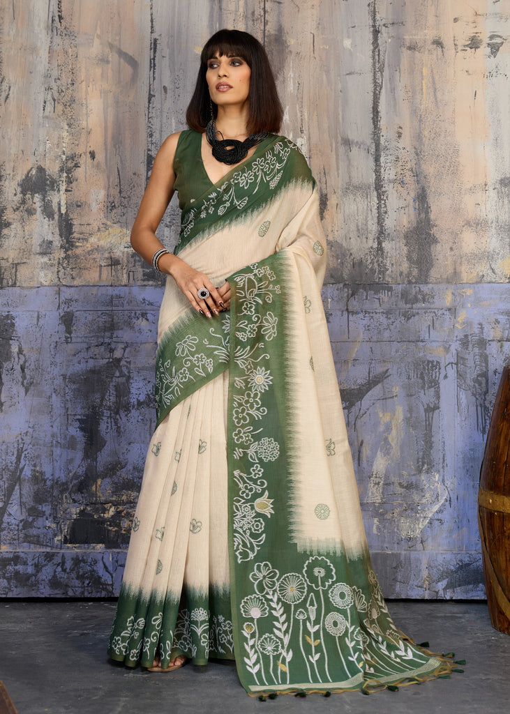 Antique Green Printed Cotton Silk Saree