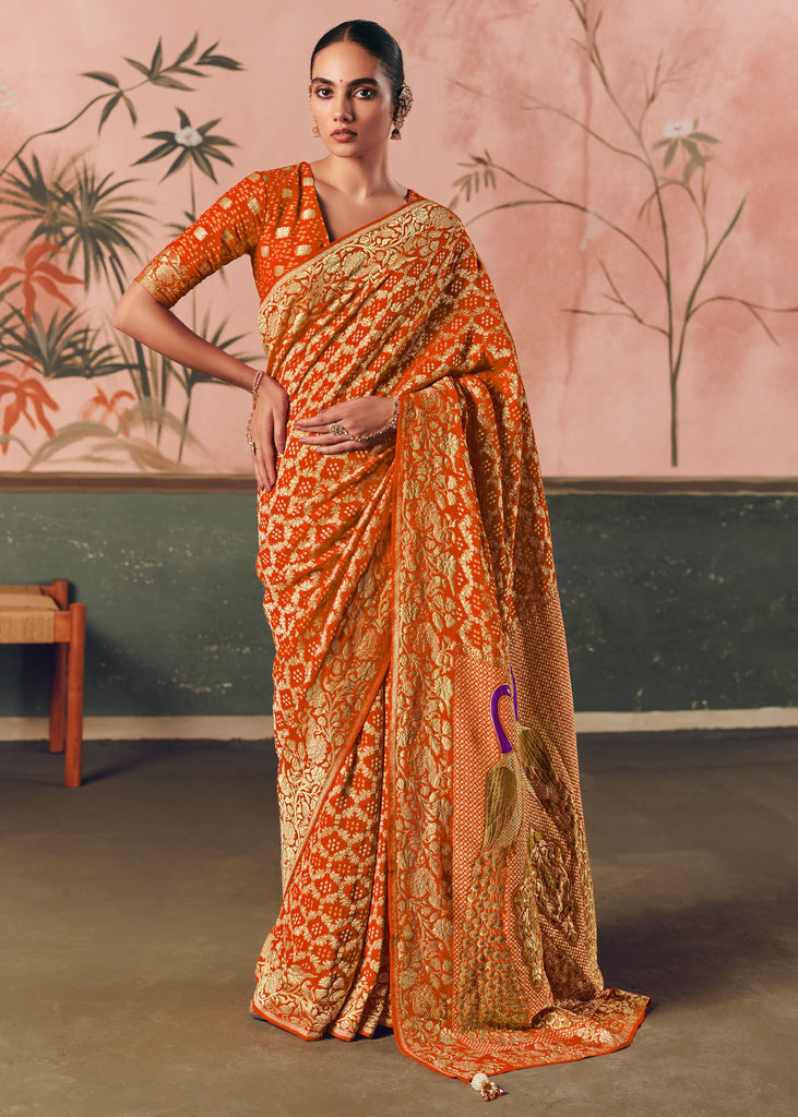 Saffron Orange Woven Georgette Bandhej Saree