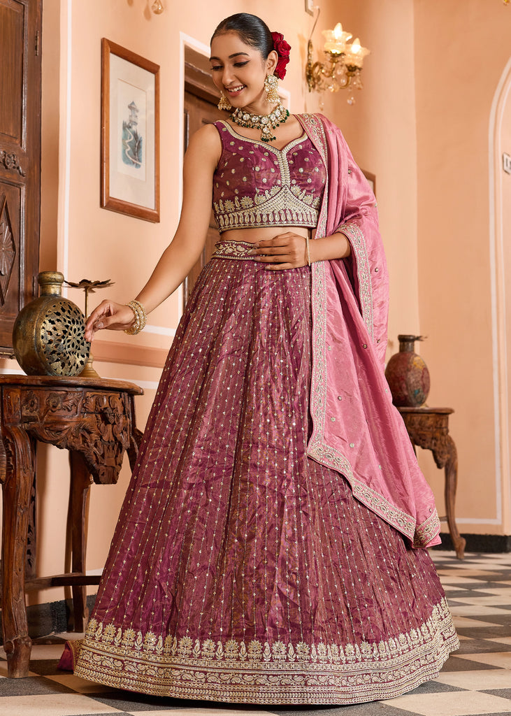 Dry Pink Rose Tissue Silk Embroidered Lehenga