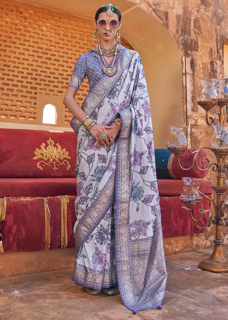 Lilac Purple Floral Printed Silk Saree With Contrast Border