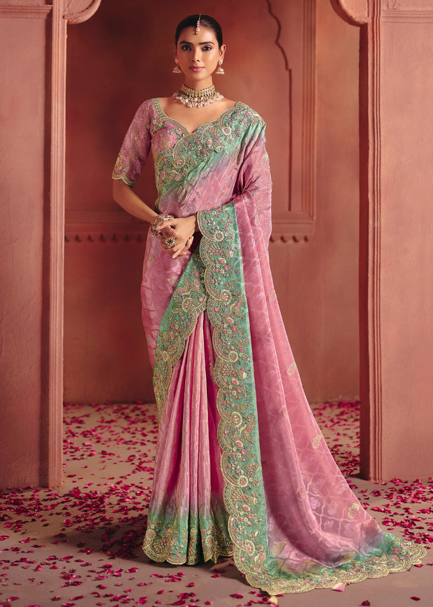 Blossom Pink Designer Embroidered Saree