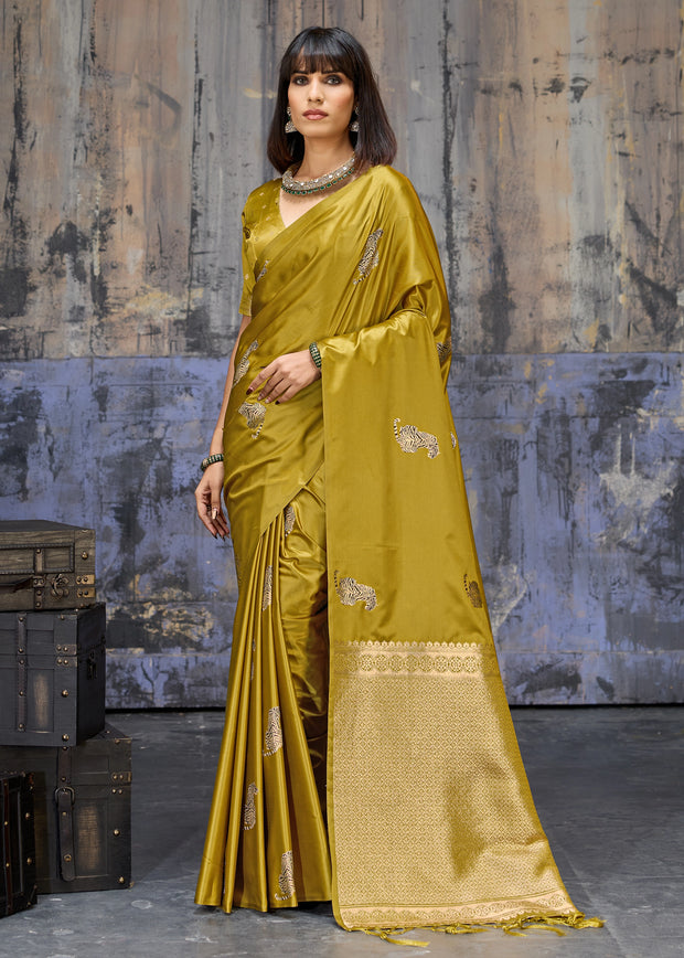 Mehandi Green Woven Banarasi Satin Silk Saree