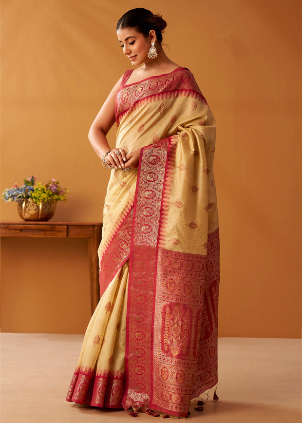 Cream Woven Banarasi Cotton Silk Saree