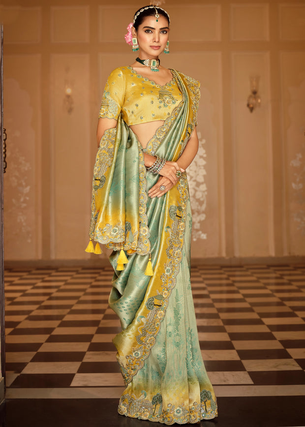 Green and yellow soft silk saree with Khatli work embroidery