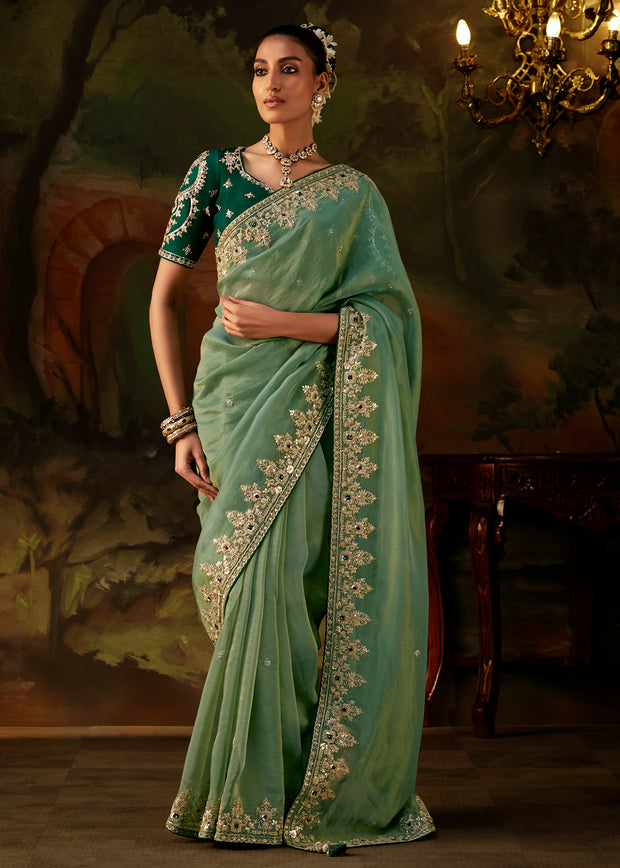 Sage Green Embroidered Tissue Saree