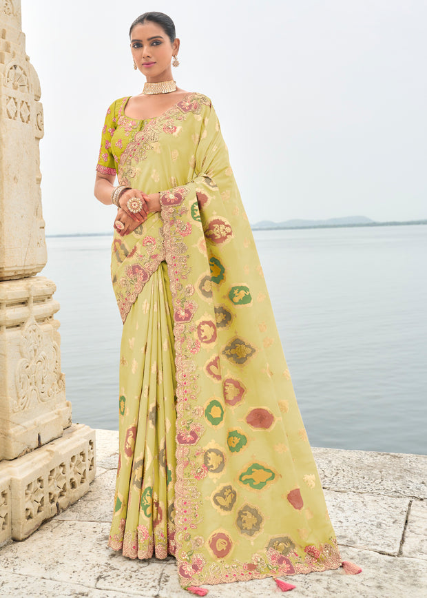 Canary yellow designer embroidered silk saree