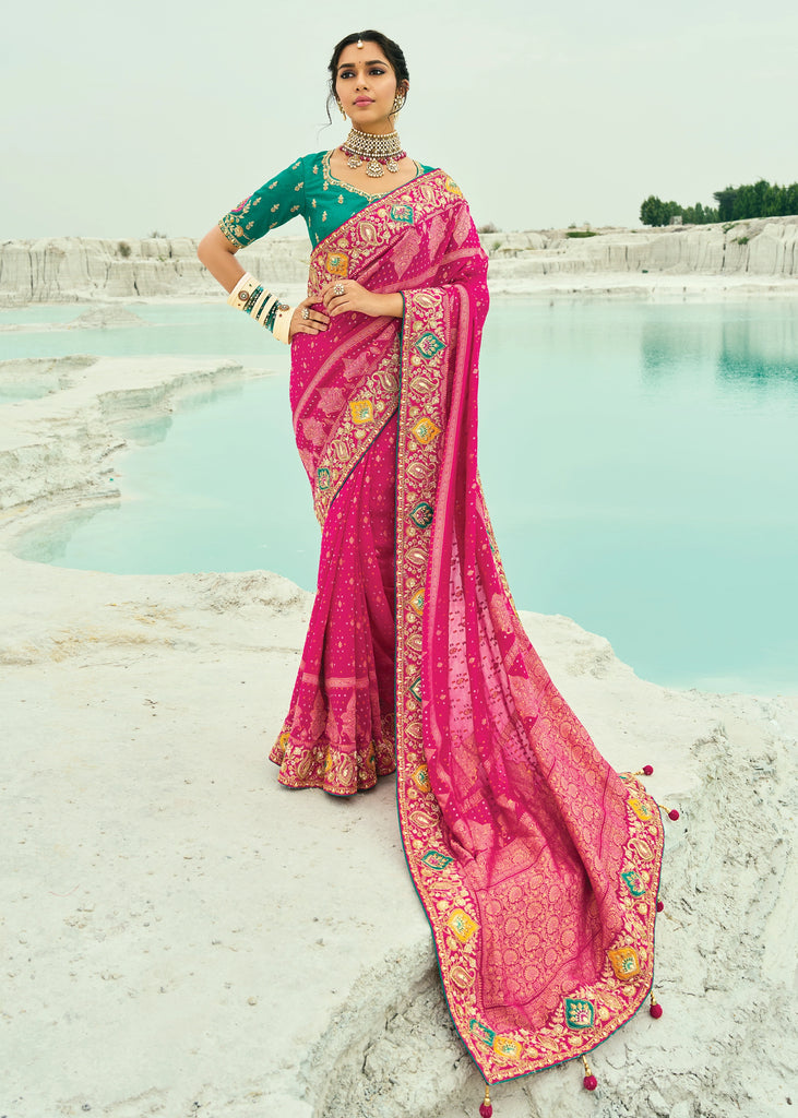 Magenta Pink Woven Georgette Bandhej Designer Saree