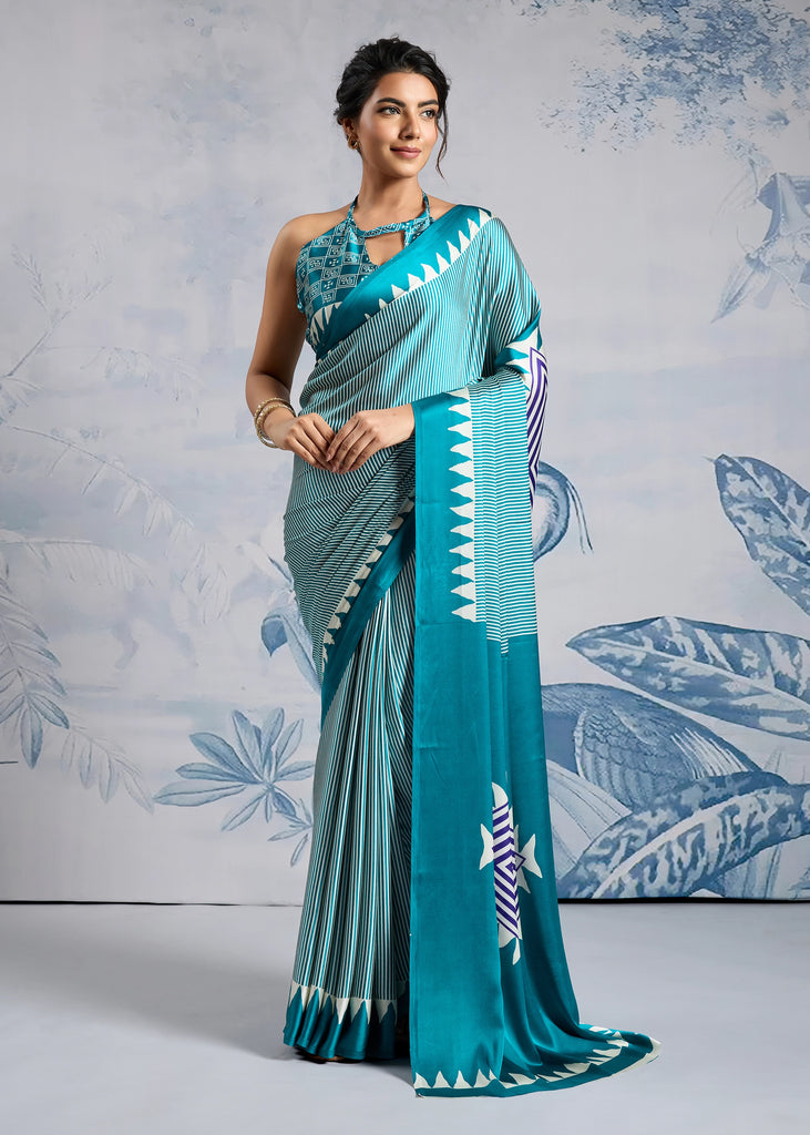 Teal Blue Printed Satin Silk Saree