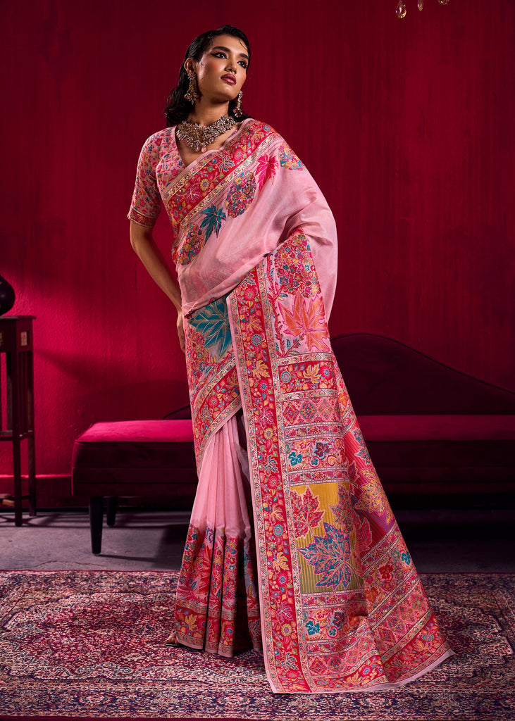 Aurora Pink Woven Cotton Kashmiri Jamewar Saree
