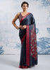 Jet Black Satin Silk Saree with Ajrakh Printed Pallu and Blouse