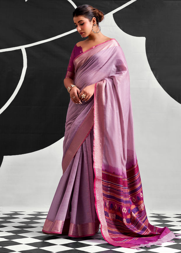 Lavender Purple Woven Linen Cotton Silk Saree