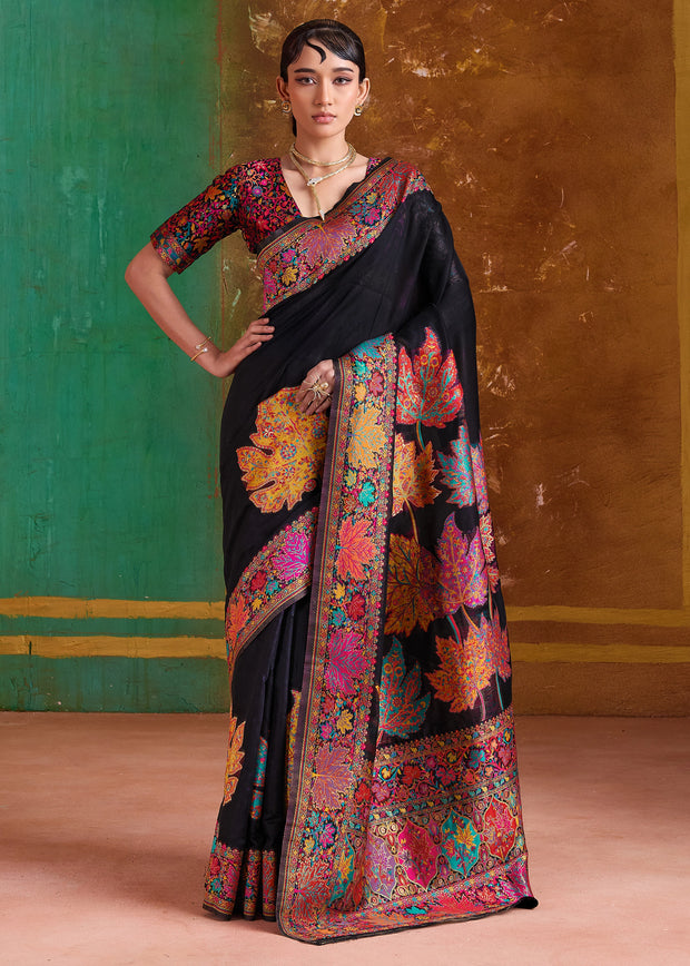 Black Woven Cotton Kashmiri Jamewar Saree