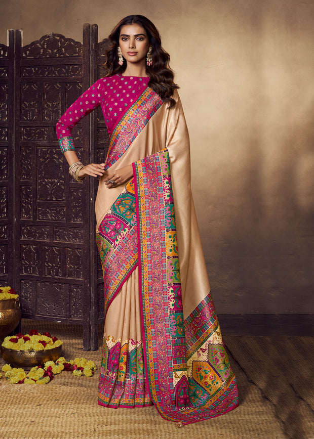Beige And Pink Woven Soft Silk Saree