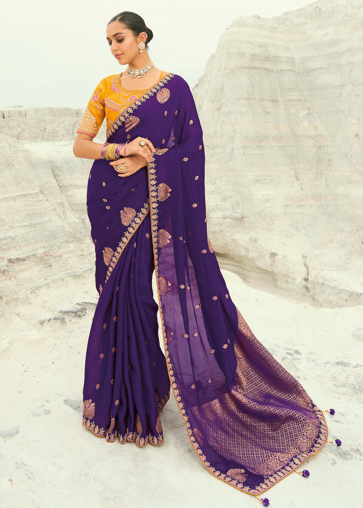 Regal Purple Woven Banarasi Embroidered Organza Satin Saree